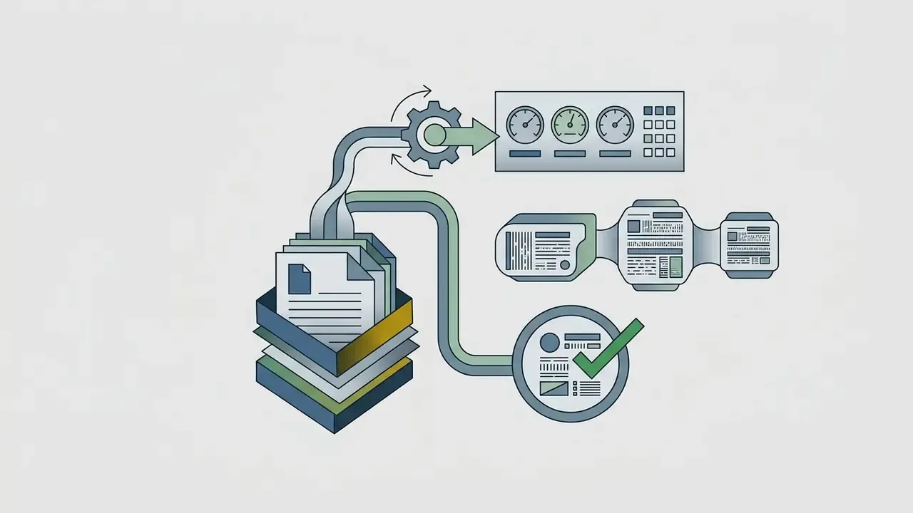Documents feeding into a gear mechanism and processing into study cards and a verified data output