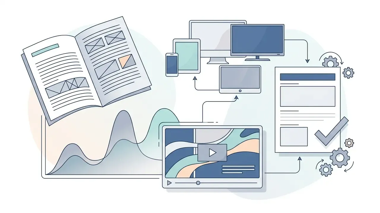 Open book, line graph, video player, and multiple digital devices connected to a document with a checkmark