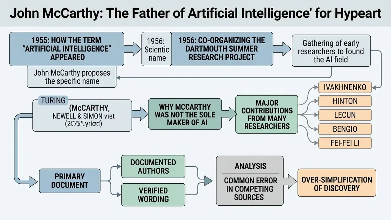 Flowchart detailing the origins of AI and the collaborative nature of its development beyond a single creator