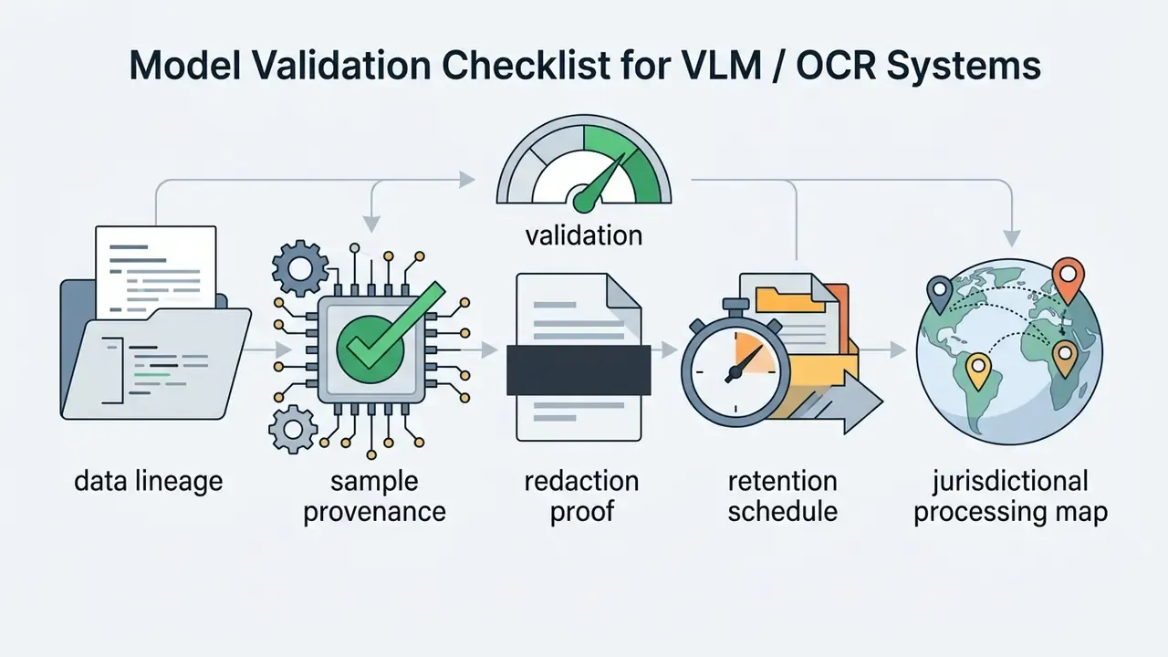 Icons representing data lineage, sample provenance, redaction, retention schedules, and global processing