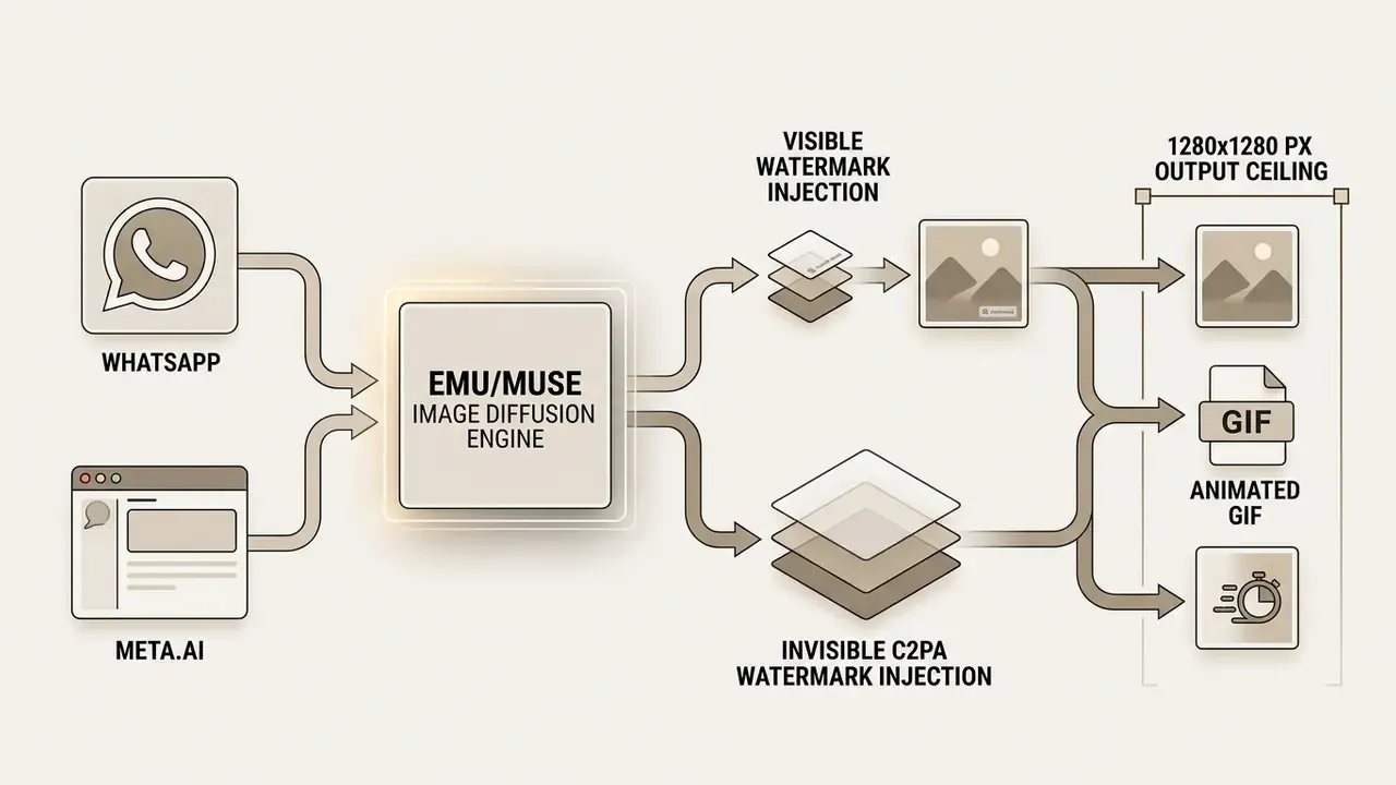 Diagram showing text prompts processed by the Emu/Muse engine with watermarking and multi-format output