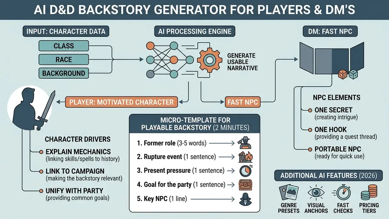 Visual guide detailing character input, narrative processing, and a micro-template for RPG storytelling