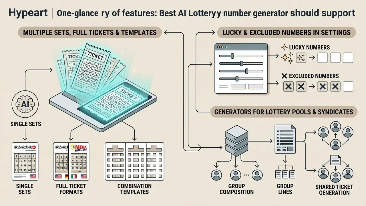 Diagram detailing settings for lottery tickets, number filtering, and group syndicate management