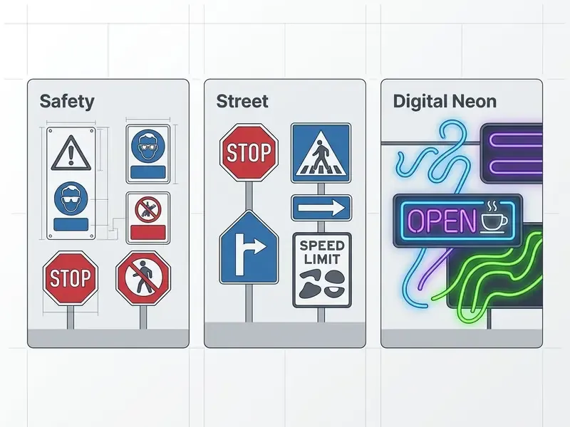 Free sign maker example of custom signs for safety, street traffic, and digital neon displays