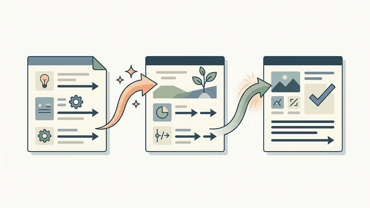 Three connected document icons showing a progression from initial ideas to visual drafts and final layouts