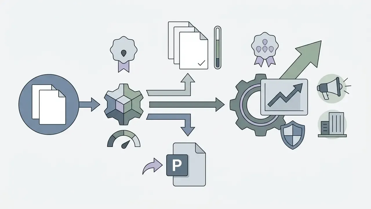 Icons showing document input, processing, and export options including PowerPoint and growth metrics