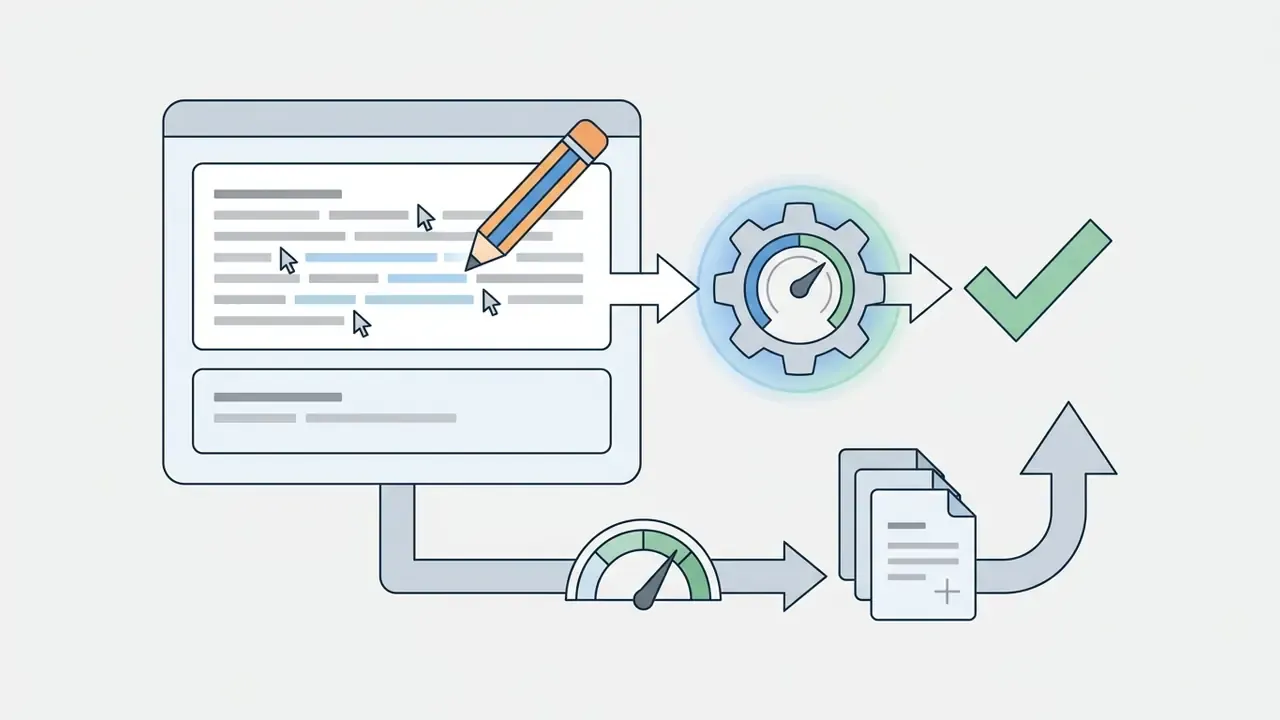 Pencil editing text in a window that feeds through a gauge into a stack of documents