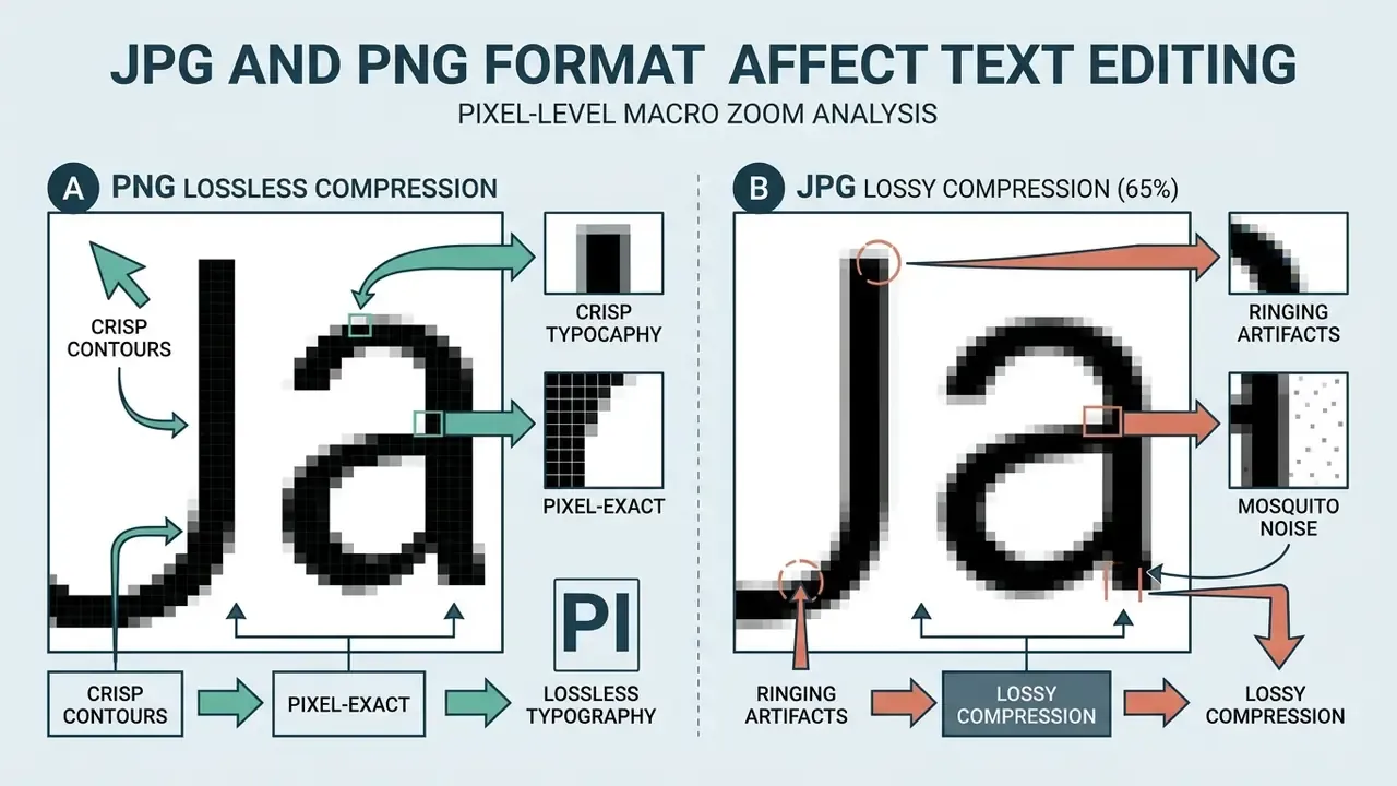 Macro comparison showing clear PNG text edges versus blurred JPG compression artifacts