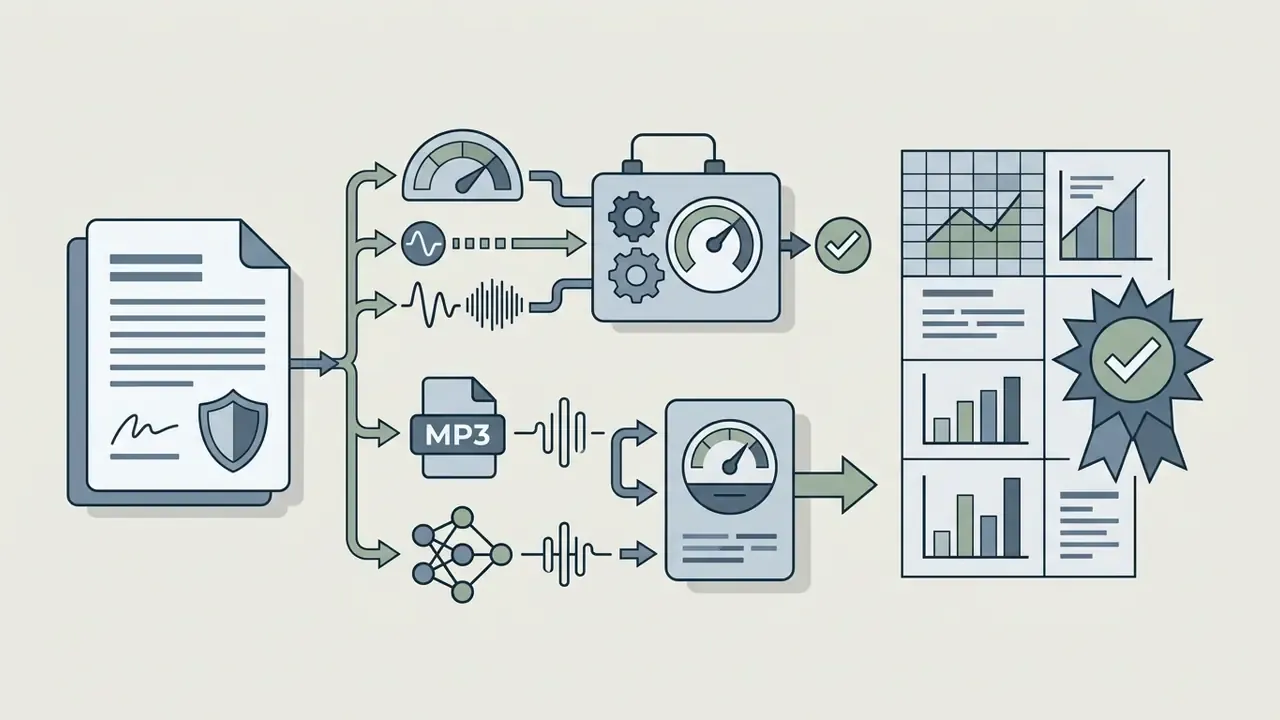 Audio files processed through compression and neural codecs to produce performance charts and badges