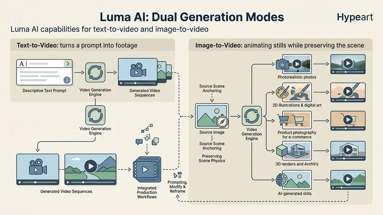 Flowchart comparing Luma AI text-to-video and image-to-video generation processes for creative workflows