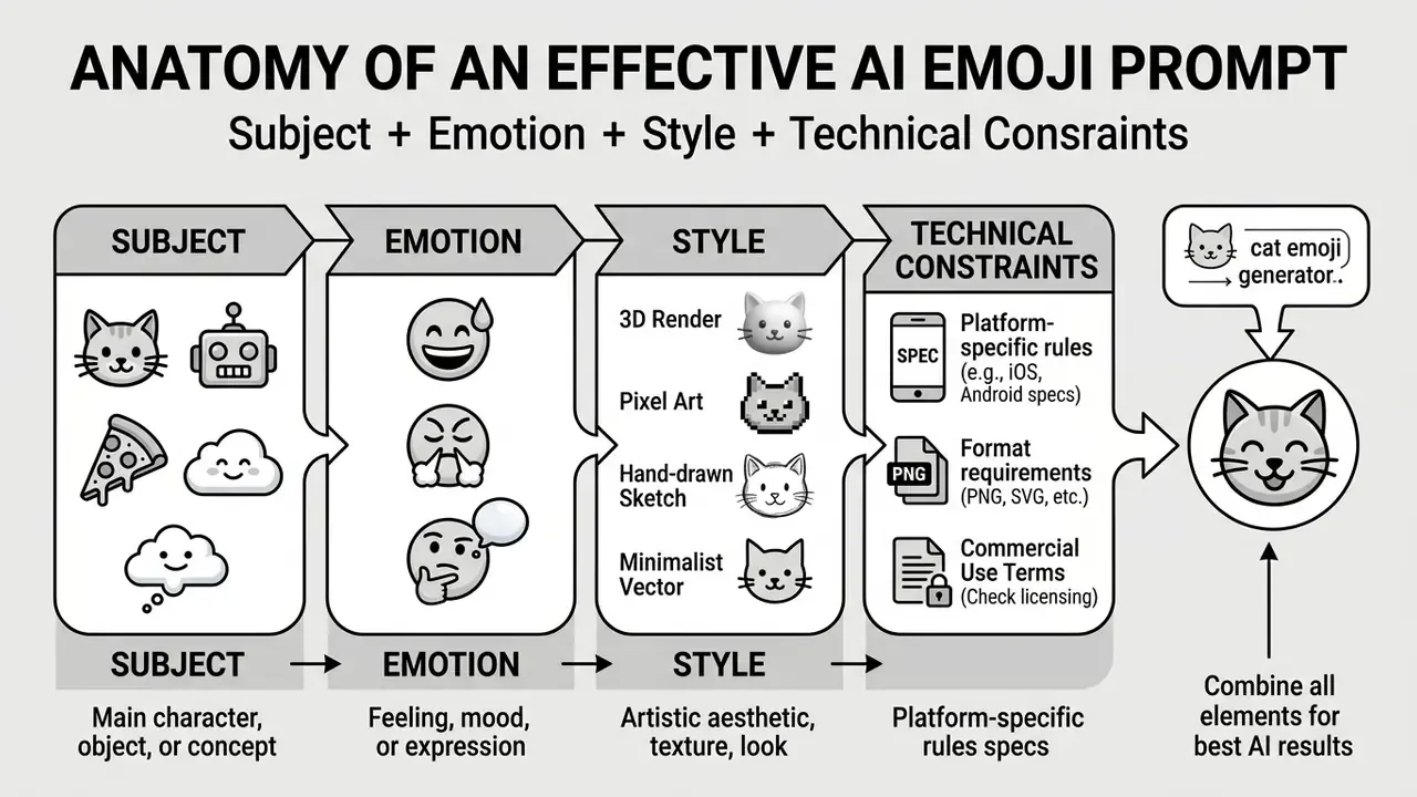 Infographic breaking down the subject, emotion, style, and technical constraints for an AI emoji generator