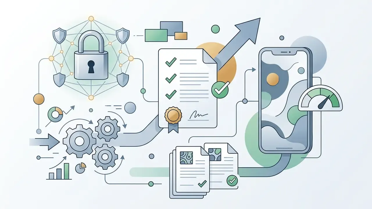 Smartphone connected to data gears, security locks, and verified documents for AI art app compliance