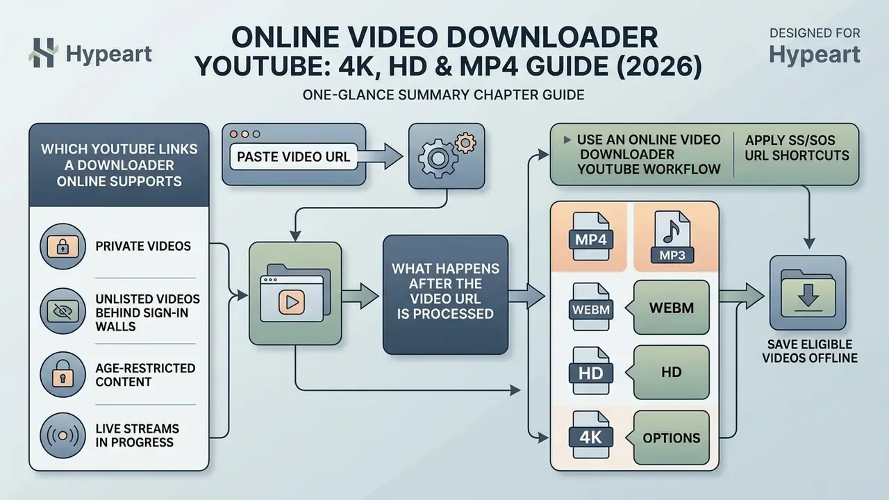 Diagram showing how an online video downloader YouTube service processes links into various file formats