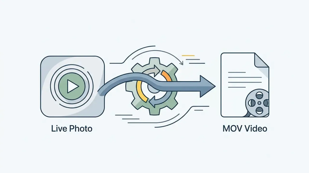Arrow passing through a gear icon to convert a Live Photo icon into a MOV video file icon