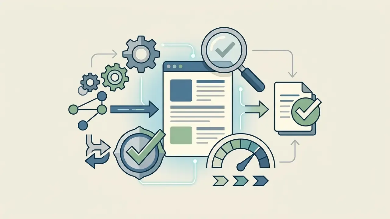 Gears and data nodes feeding into a central analysis hub with a magnifying glass and quality gauge