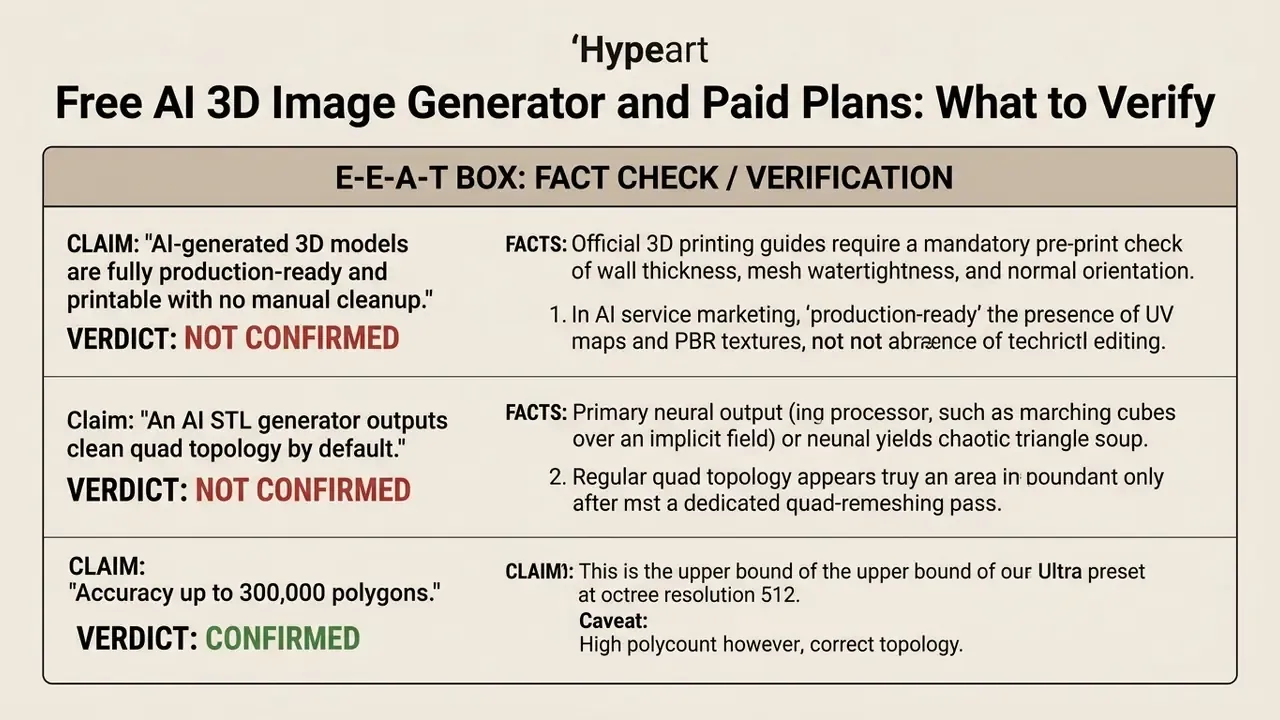 Comparison table evaluating marketing claims about 3D model generation against technical facts