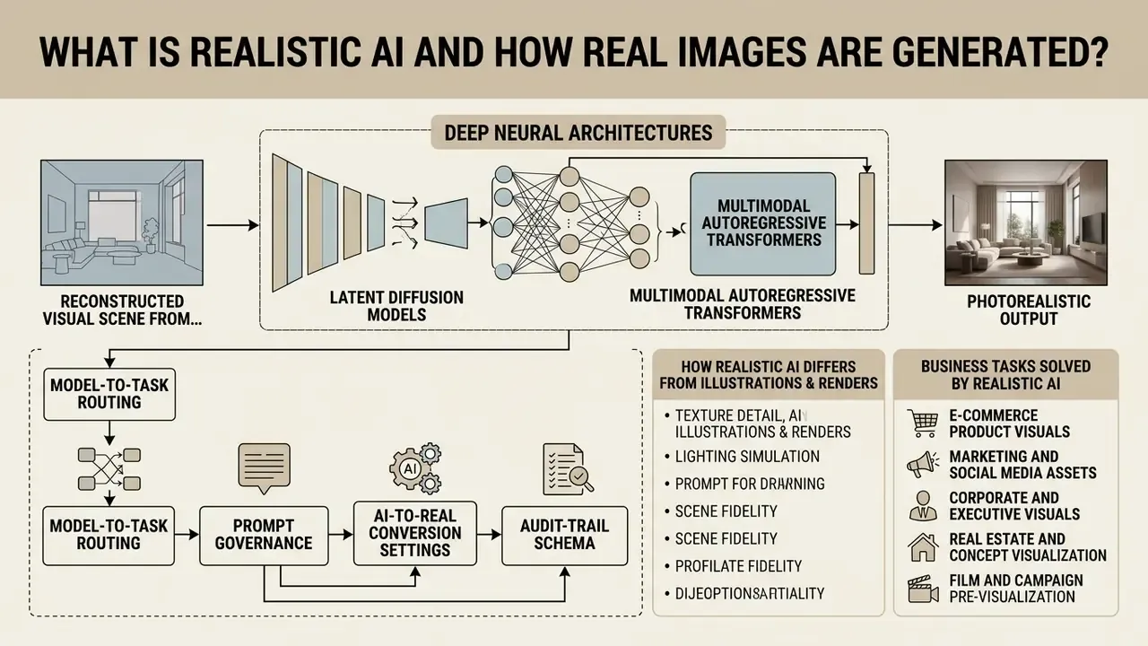 Diagram showing the technical process of generating photorealistic AI imagery from scene reconstruction