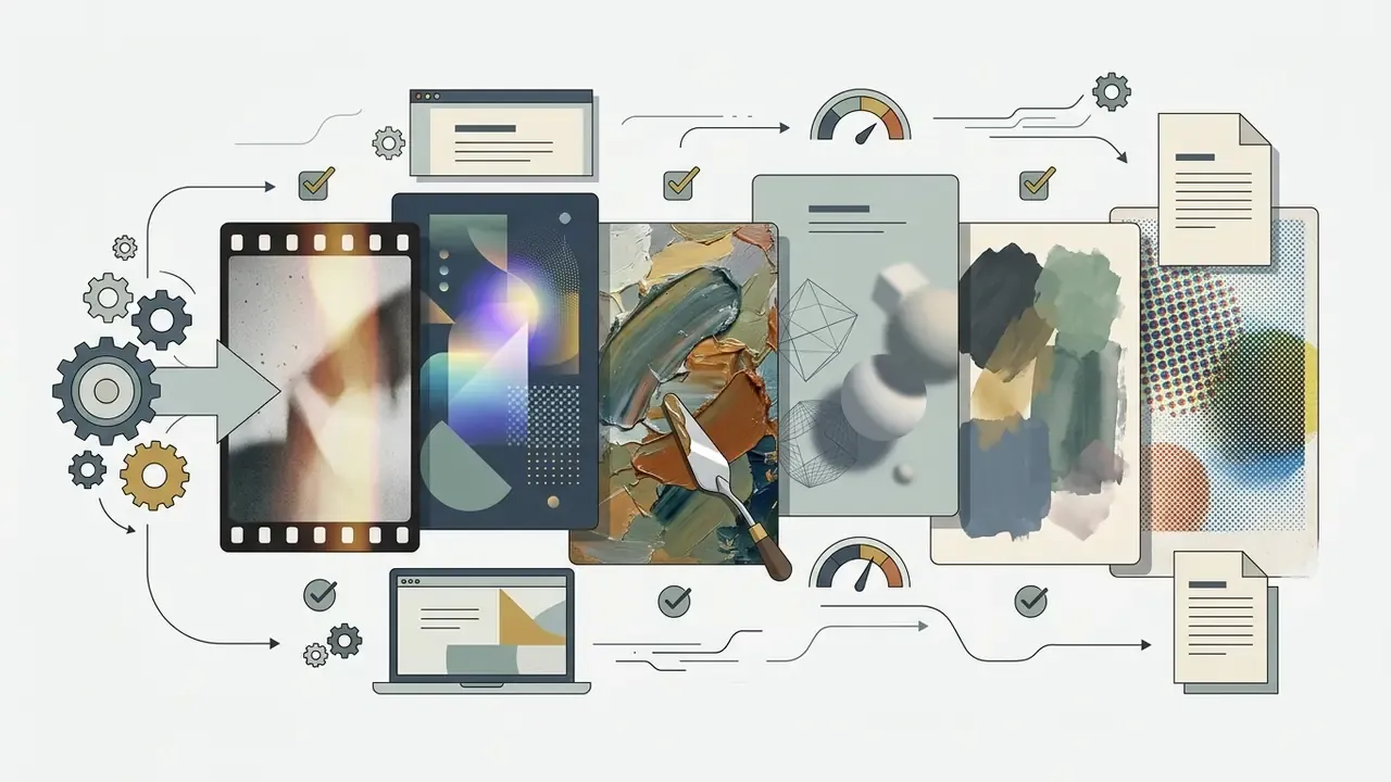 Mechanical gears driving a sequence of panels depicting various artistic mediums and digital documents
