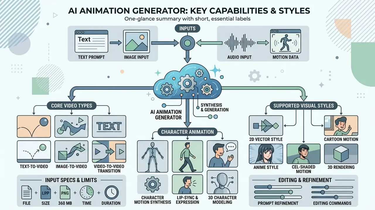 Flowchart showing how an AI animation generator processes various inputs to create diverse video styles