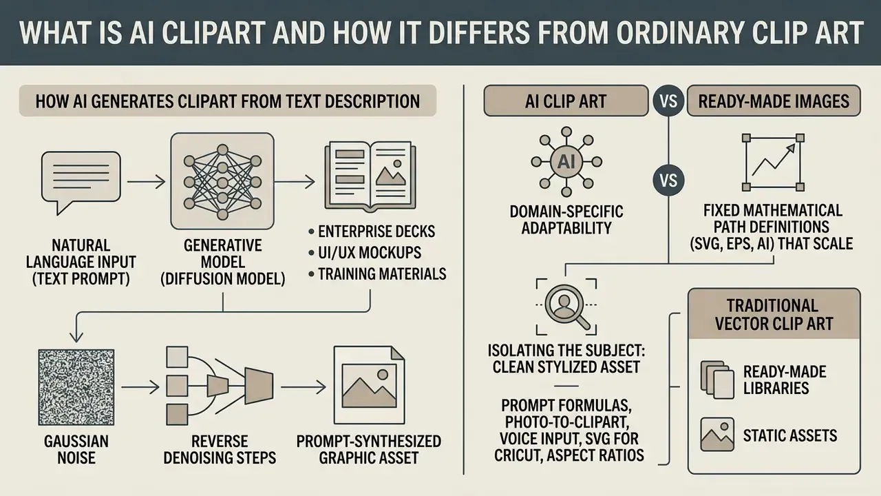 Infographic comparing AI clipart generation processes with traditional vector clip art libraries