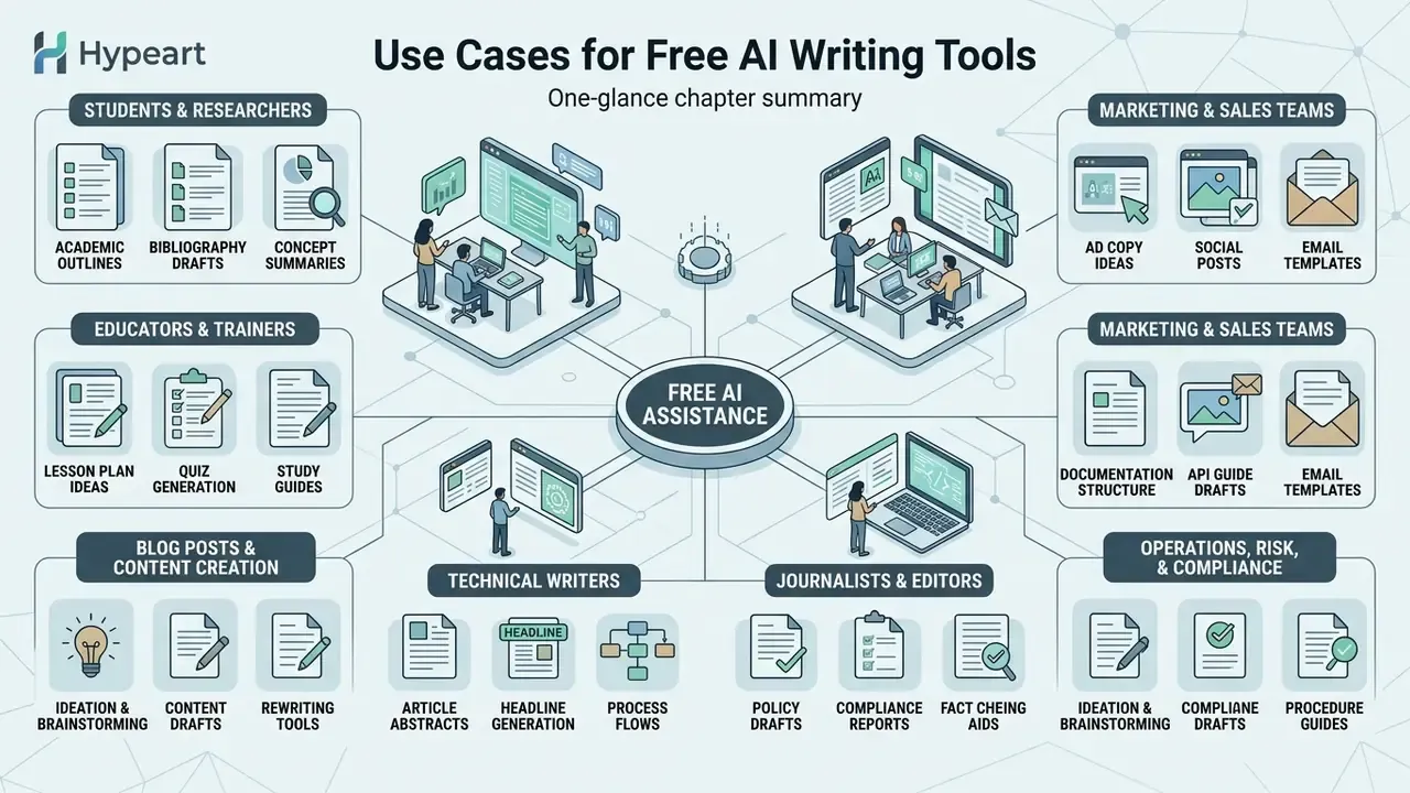 Infographic mapping various professional roles and tasks supported by an AI text generator free unlimited