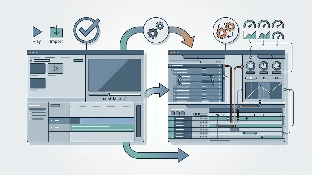Two software interface layouts showing a transition from a simple view to an advanced editing workspace