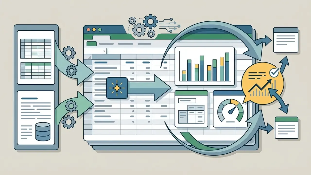 Grid and text inputs flowing through a gear processor into generated charts and status summaries