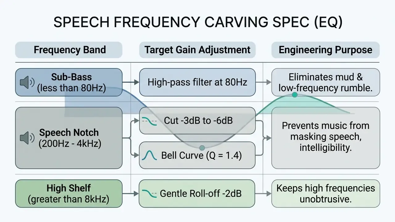 Table detailing audio frequency adjustments for sub-bass, speech notch, and high shelf EQ settings