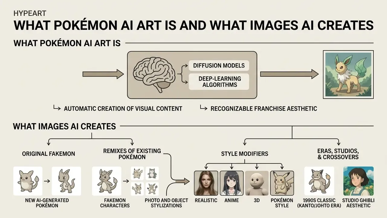 Infographic showing how diffusion models and algorithms generate diverse Pokemon AI art styles