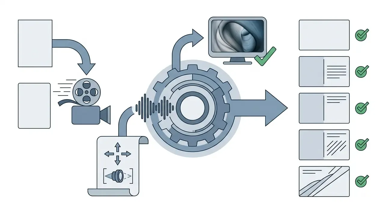 Inputs feeding into a gear system that processes cinematic instructions and audio into finished video clips