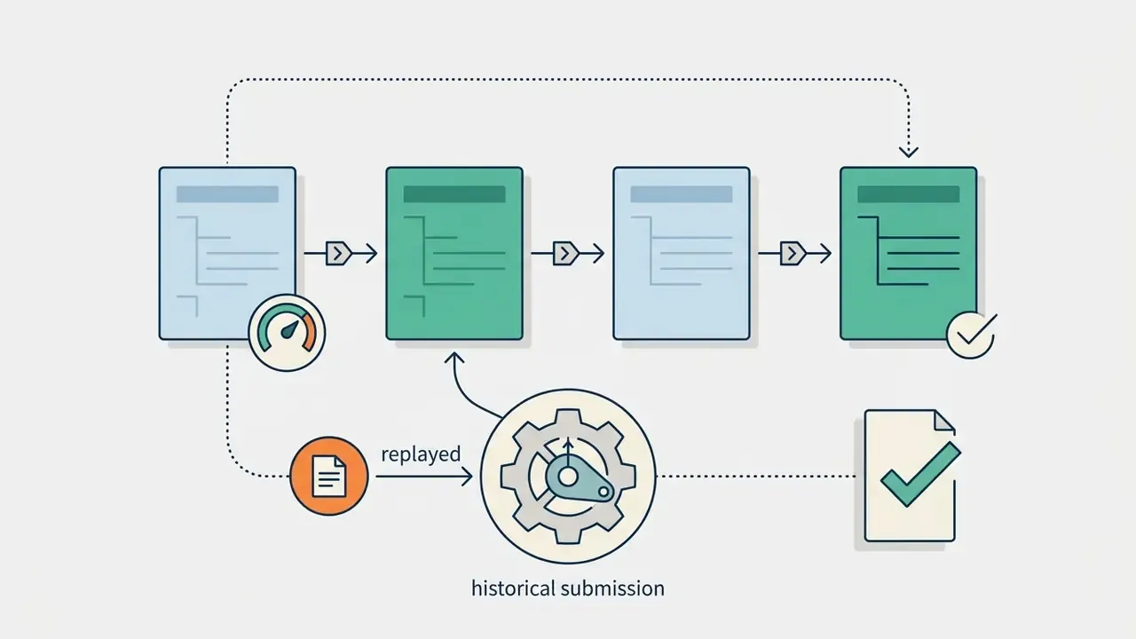 Sequence of form versions showing a historical submission being replayed through a processing engine