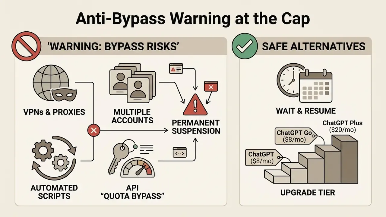 Infographic comparing risky account bypass methods like VPNs and scripts against safe waiting or plan upgrades