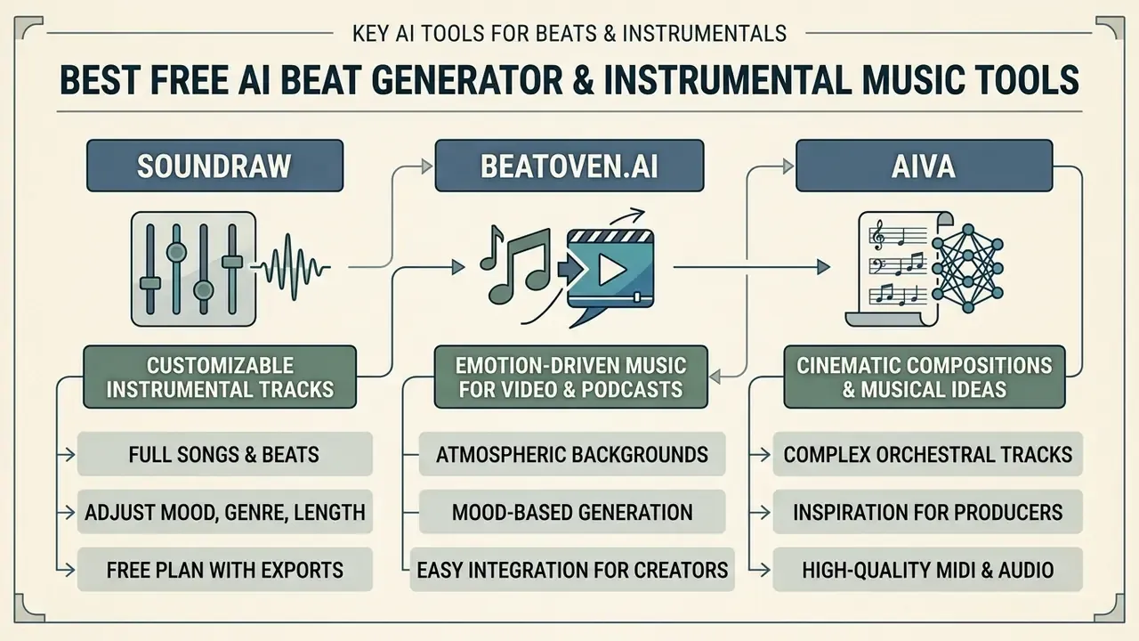 Infographic comparing Soundraw, Beatoven.ai, and AIVA as top free AI music generator tools for creators