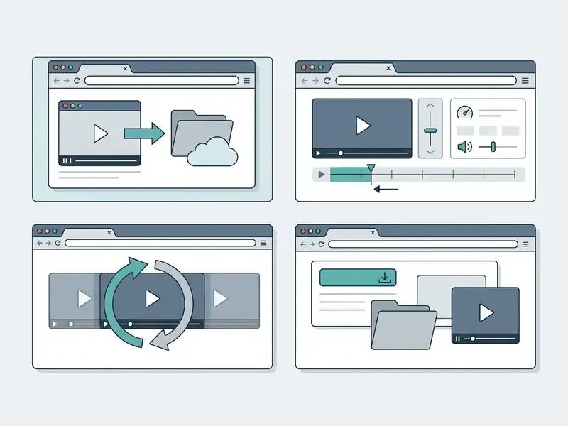 Four browser windows displaying the process to upload, edit, reverse, and save a video file