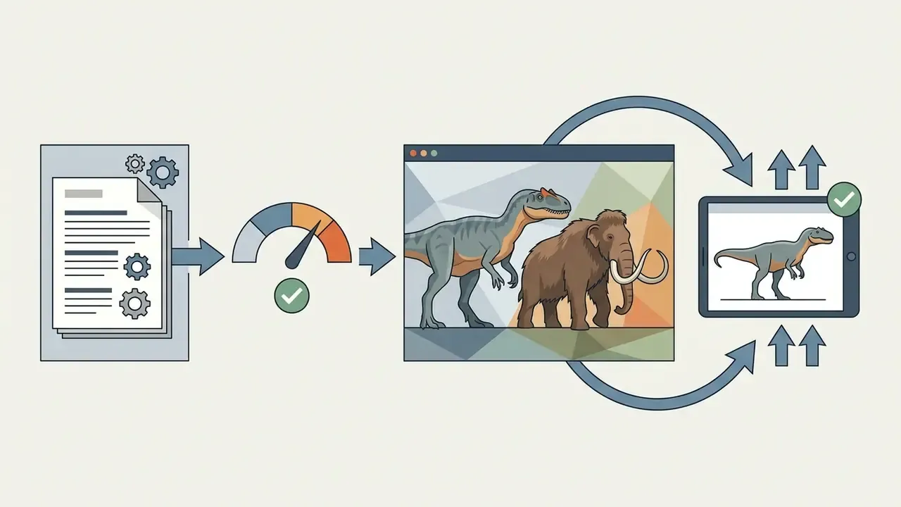 Prehistoric animal illustrations processed through a performance gauge into a browser and tablet workflow