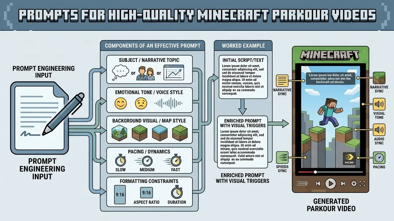Infographic showing the components and workflow for a Minecraft parkour video generator
