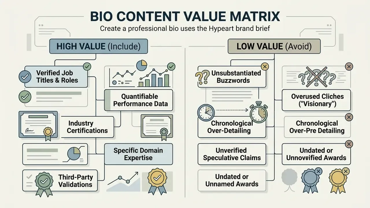 Comparison matrix categorizing professional biography content into high value inclusions and low value avoidances
