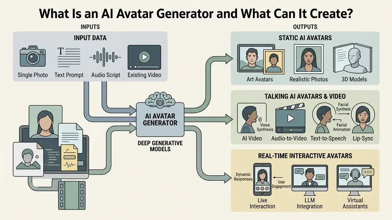 Infographic showing how an AI avatar generator processes various inputs into static, talking, or interactive outputs
