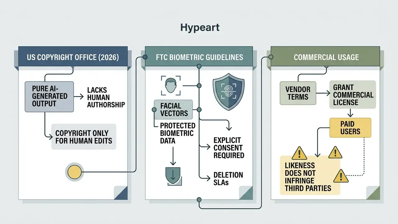 Three connected panels outlining legal requirements for copyright, biometric data, and commercial licensing