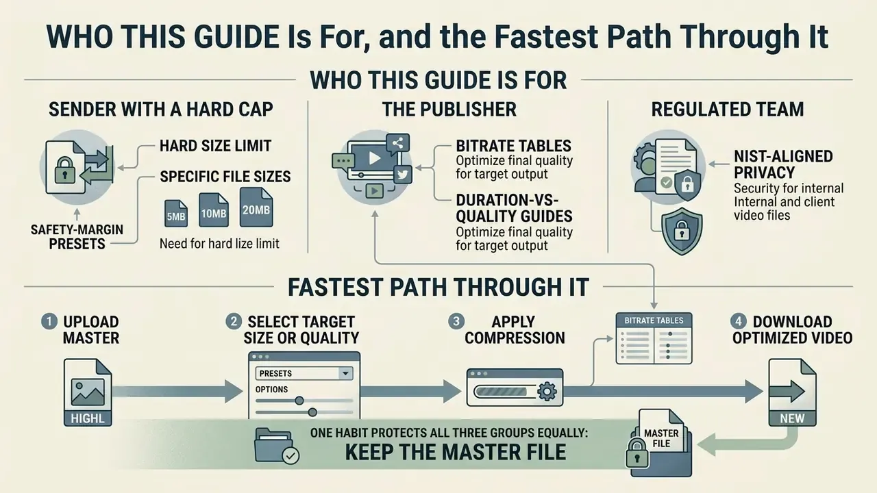 Infographic showing three user types and a four-step workflow for using a video compressor tool
