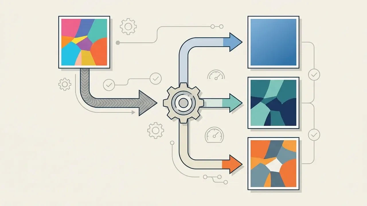 Colorful image flowing into a central gear icon that splits into three distinct monochromatic variants