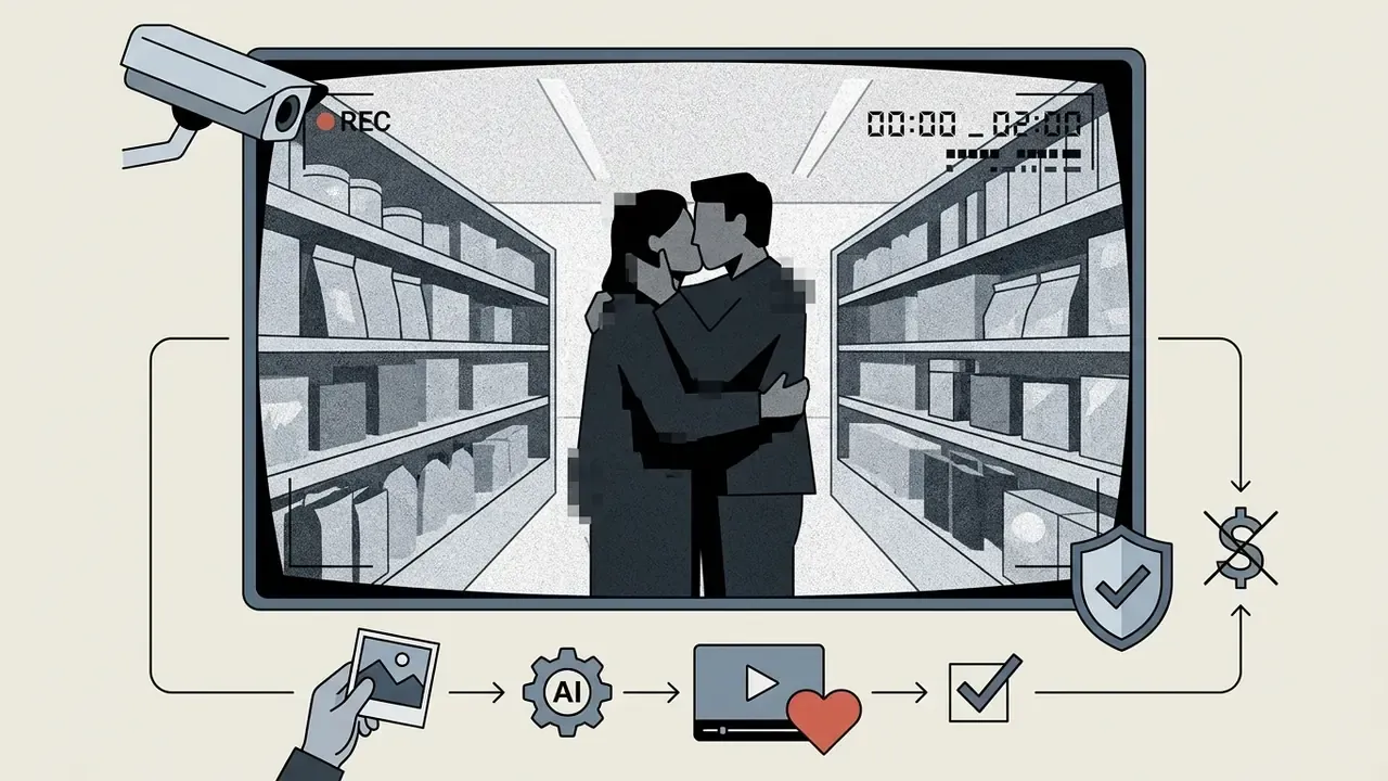 Monochrome surveillance footage of a couple kissing in a store aisle with a workflow process below