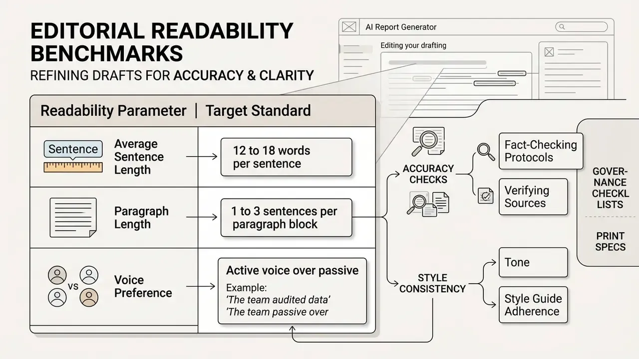 Table of readability standards linked to accuracy checks and style consistency requirements for documents