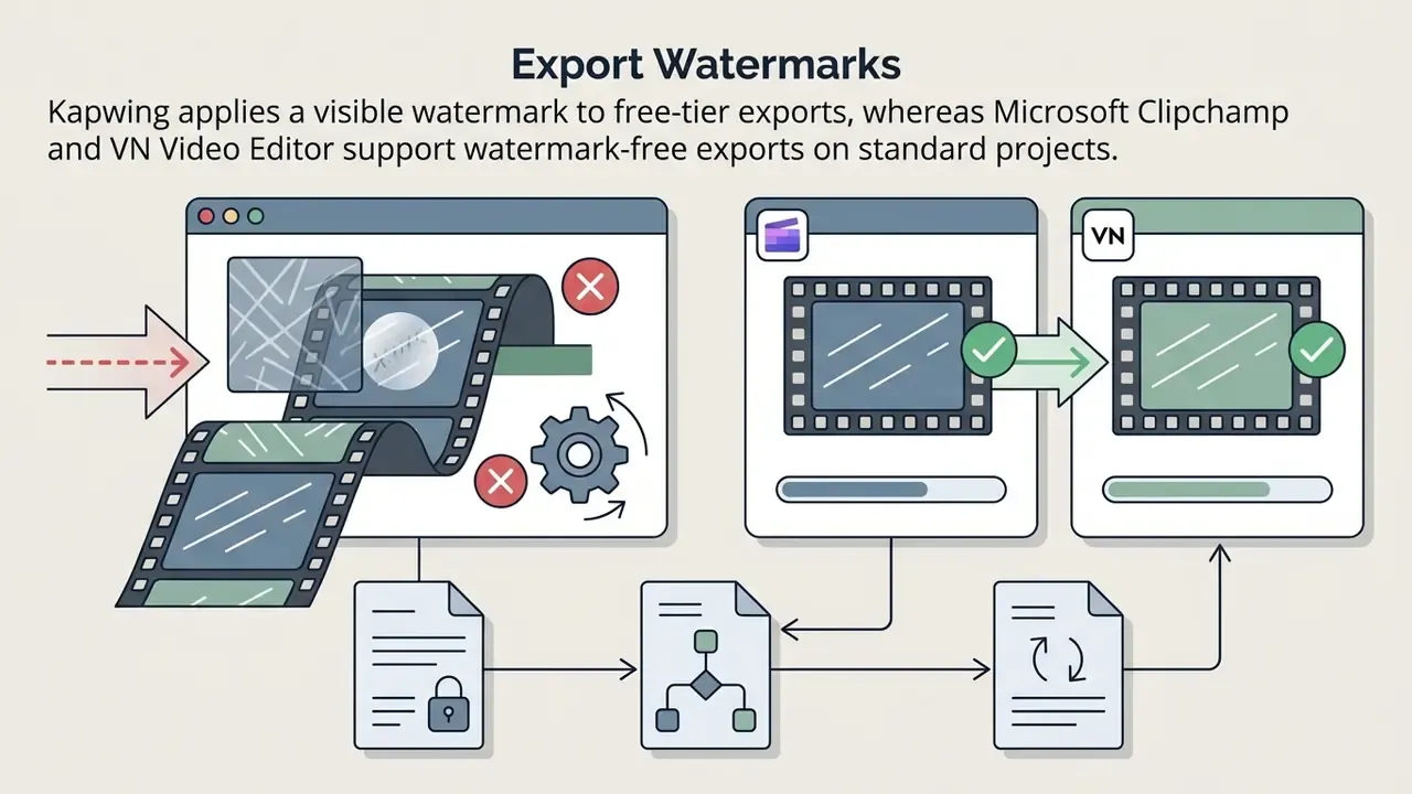 Diagram comparing watermark policies for video exports across three different software platforms