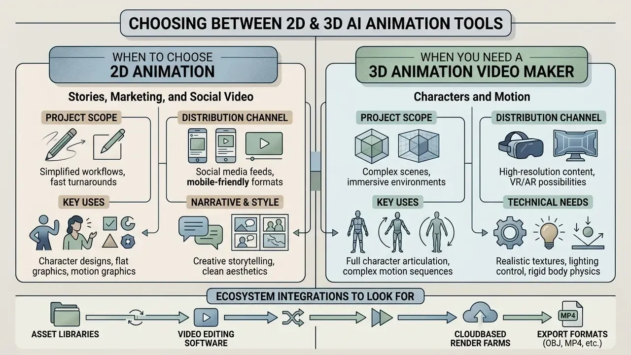 Comparison chart outlining project scope, distribution, and technical needs for 2D versus 3D production