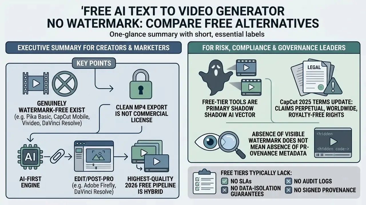 Infographic comparing free AI text to video generator tools for creators and governance leaders