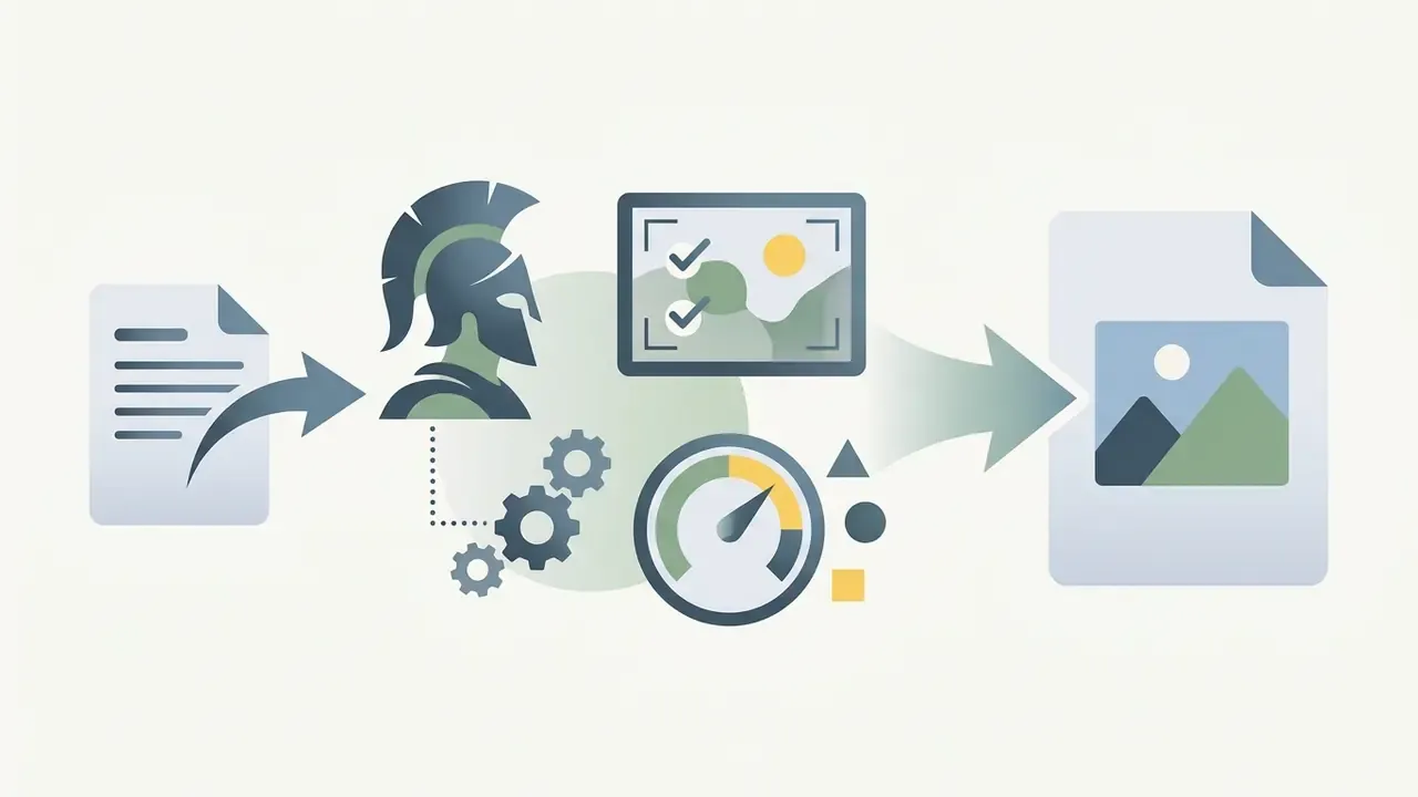 Document text feeding into a helmet icon and gear system to produce a final image file