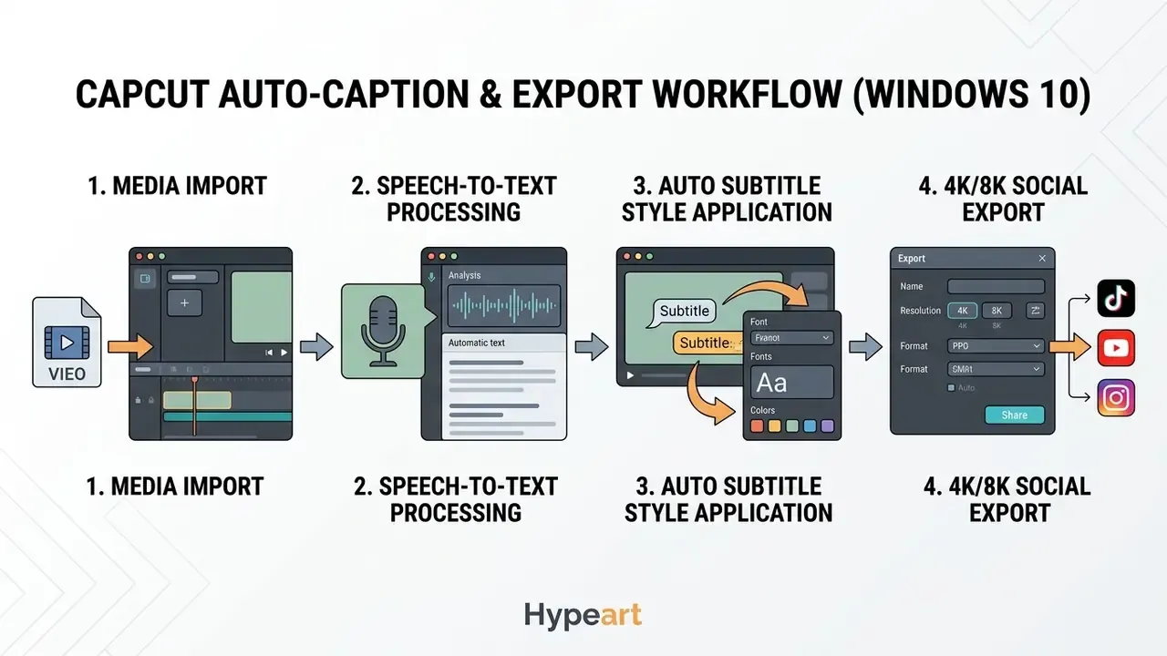 Process diagram showing media import, speech-to-text generation, subtitle styling, and social media export
