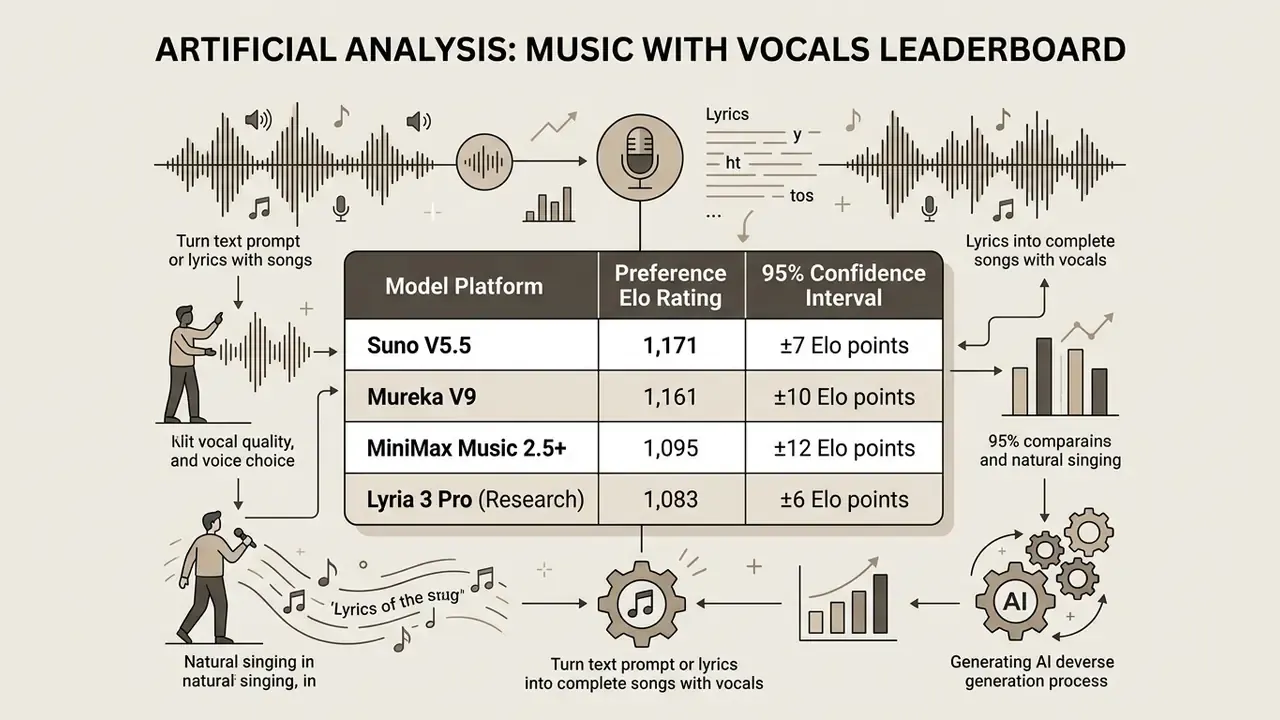 Comparison table ranking AI music models by preference Elo rating and confidence interval