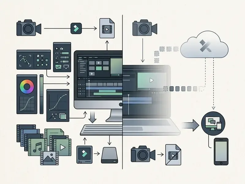 Comparison diagram showing local desktop video editing workflows versus cloud-based processing